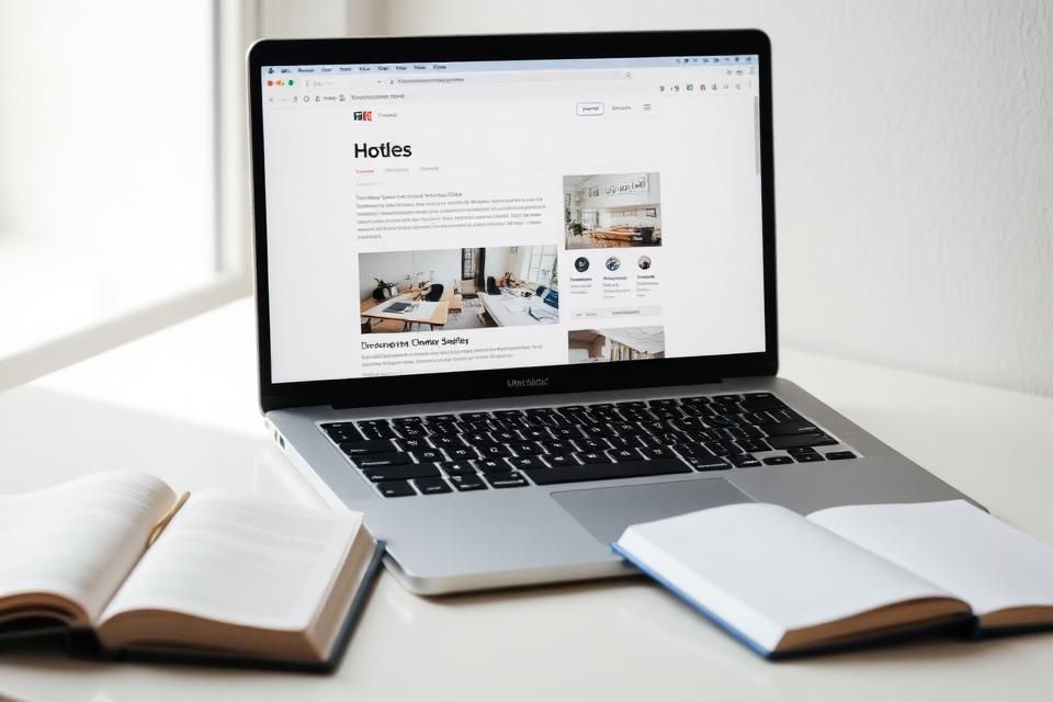 Designer reviewing a new website layout on a desk with a laptop and notebook