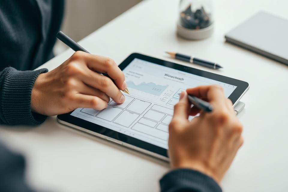 Wireframe sketches of a high-converting website layout on paper