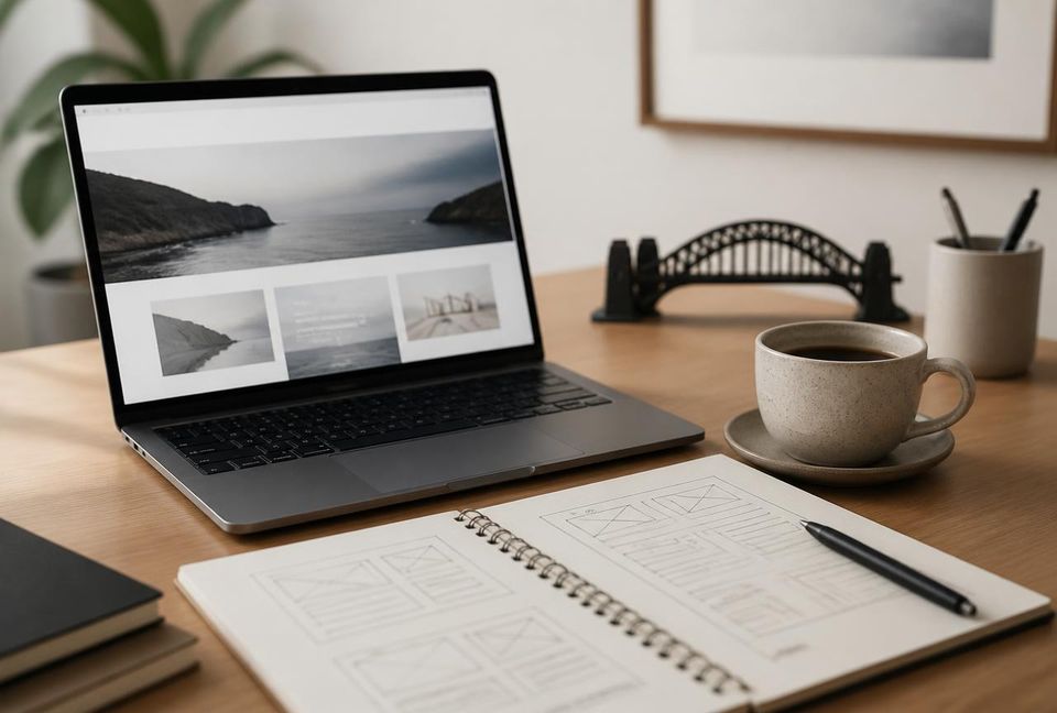 Sydney web design agency workspace with laptop, wireframe sketches and coffee on a desk