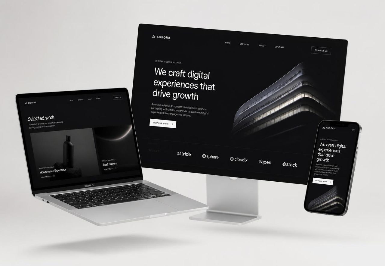 Custom website design by Crafted Web Co shown on a MacBook, iPhone and desktop monitor